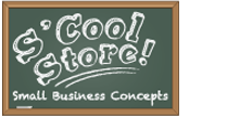 A chalkboard with "S'Cool Store" written in chalk, in bubble letters.